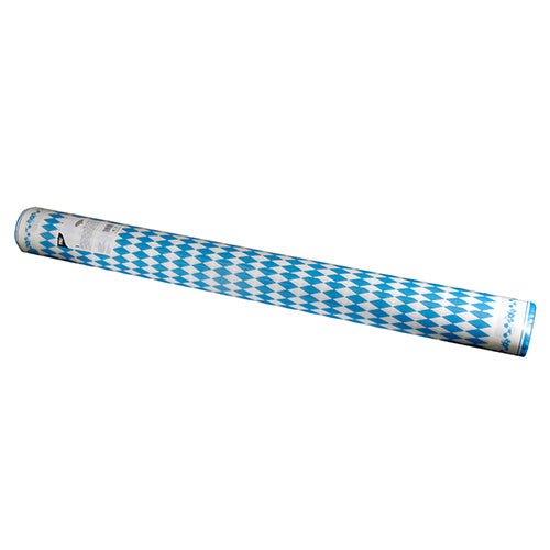 Το τραπεζομάντηλο PAPSTAR GmbH Airlaid-Rolle (Bayrisch Blau, 25 m x 1,18 m) διαθέτει ένα μπλε-λευκό μοτίβο και παραδίδεται σε συσκευασία συρρίκνωσης με ετικέτα στο ένα άκρο σε λευκό φόντο.