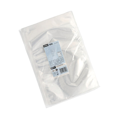 Σακούλες Starpak 100, PA/PE διαφανείς (40 x 30 cm) σε διαφανή πλαστική συσκευασία, σφραγισμένες με μια μπλε-λευκή ετικέτα Starpak με μάρκα, ποσότητα και γραμμωτό κώδικα.