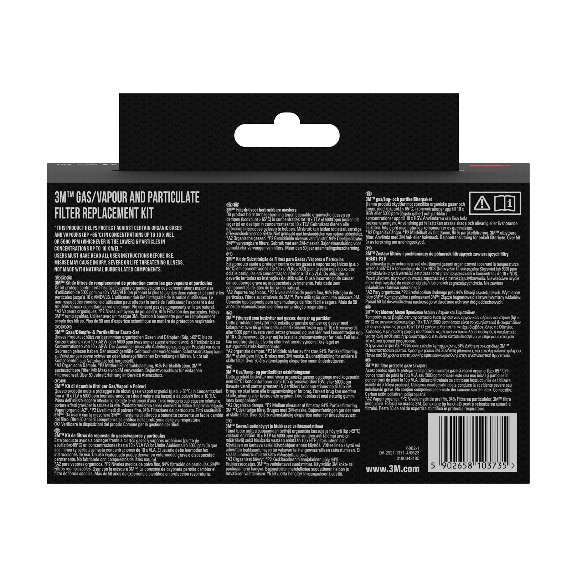 Rückansicht einer 3M Deutschland GmbH 3M™ Partikelfilter 5935, P3 Kit-Verpackung mit Produktinformation, Anleitung und Barcode in mehreren Sprachen auf schwarzem Hintergrund. Enthält 2 Filterpaare und 1 Halterpaar pro Packung.