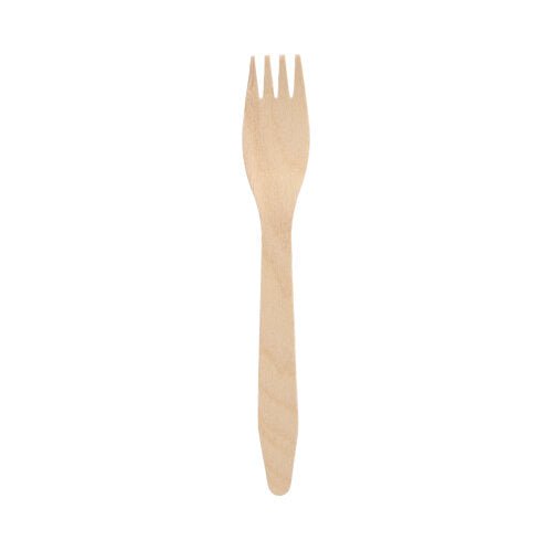 Eine PAPSTAR Gabel aus FSC® Holz "pure", umweltfreundlich (16,5 cm), von PAPSTAR GmbH, ist mittig auf weißem Hintergrund platziert.