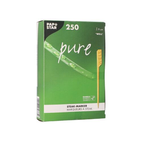 Ένα πράσινο κουτί της PAPSTAR GmbH με την επιγραφή «PAPSTAR 250 δείκτες μπριζόλας 9 εκ.» περιέχει 250 δείκτες μπριζόλας από μπαμπού. Η συσκευασία δείχνει έναν δείκτη με την επιγραφή «WELL» και περιέχει αγγλικό και γαλλικό κείμενο – ιδανικό για εστιατόρια.