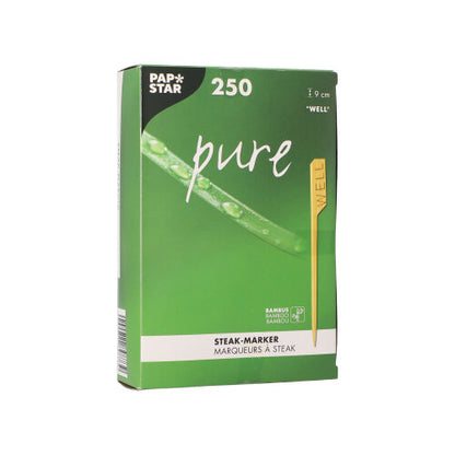 Ένα πράσινο κουτί της PAPSTAR GmbH με την επιγραφή «PAPSTAR 250 δείκτες μπριζόλας 9 εκ.» περιέχει 250 δείκτες μπριζόλας από μπαμπού. Η συσκευασία δείχνει έναν δείκτη με την επιγραφή «WELL» και περιέχει αγγλικό και γαλλικό κείμενο – ιδανικό για εστιατόρια.