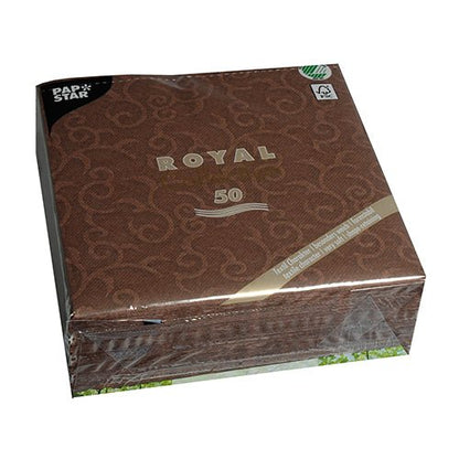 Μια σφραγισμένη συσκευασία με 50 καφέ PAPSTAR "ROYAL Collection" 1/4-πτυχή χαρτοπετσέτες σε μέγεθος 40 x 40 cm με μοτίβο στροβιλισμού. Στην μπροστινή πλευρά αναγράφεται "ROYAL" και στην αριστερή επάνω γωνία απεικονίζεται η μάρκα PAPSTAR GmbH.