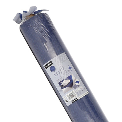 Eine aufgerollte, blaue stoffähnliche Tischdecke mit einem Etikett mit der Aufschrift "Starpak", dem Namen "Tischdecke, stoffähnlich, Vlies 'soft selection plus'" und der Abbildung eines gedeckten Tisches.