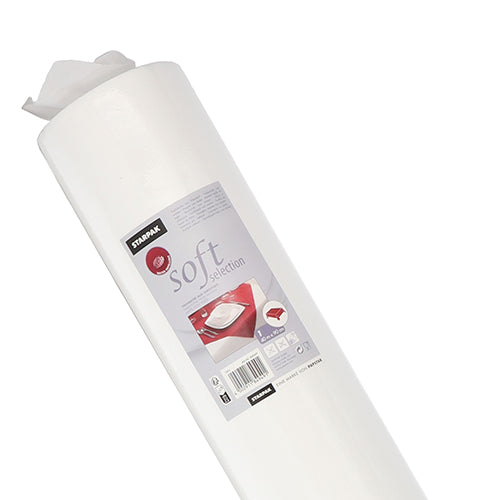 Ένα ρολό τραπεζομάντιλο Starpak, όμοιο με ύφασμα, ύφασμα "Soft Selection". Η συσκευασία δείχνει την επωνυμία, λεπτομέρειες προϊόντος και σύμβολα, με την εικόνα μιας διπλωμένης πετσέτας σε ένα κόκκινο πιάτο για μια υψηλής ποιότητας πινελιά.