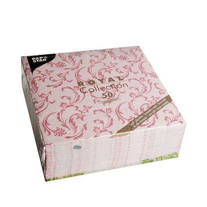 Ένα πακέτο με 50 PAPSTAR πετσέτες "ROYAL Collection" 1/4-πτυχή, 40x40 cm, σε μπορντό από PAPSTAR GmbH. Η τετράγωνη συσκευασία αναδεικνύει το κομψό σχέδιο της πετσέτας στο εσωτερικό.