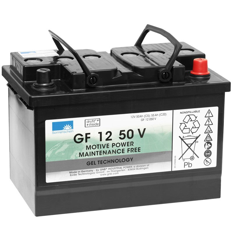 Η μπαταρία έλξης Diversey Deutschland GmbH & Co. OHG είναι μια ορθογώνια, μαύρο-γκρι 12V/50Ah μπαταρία γέλης χωρίς συντήρηση με λαβές μεταφοράς, ετικέτες προϊόντων, τεχνικά δεδομένα, σύμβολα ασφαλείας και πληροφορίες ανακύκλωσης στη πλευρά.