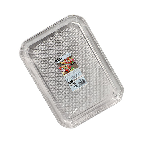 Die Starpak 5 Servierplatten, Alu eckig 35 cm x 26 cm, sind rechteckige Einwegschalen aus Aluminium, hygienisch verpackt in Schrumpffolie mit einem zentrierten Lebensmittel-Bildetikett, perfekt für die professionelle Gastronomie. (5 Stück).