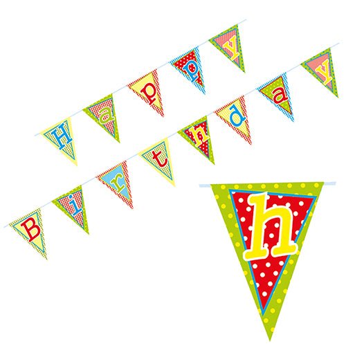 Η PAPSTAR γιρλάντα "Happy Birthday" (4 μ, λακαρισμένο χαρτί) της PAPSTAR GmbH αποτελείται από πολύχρωμα τρίγωνα σημαιάκια με διαφορετικά σχέδια και χρώματα, το καθένα με ένα γράμμα για το "Happy Birthday".