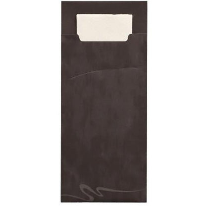 Οι PAPSTAR 520 θήκες μαχαιροπίρουνων (20 x 8,5 cm, 2-στρώσεων) της PAPSTAR GmbH είναι μια μαύρη ορθογώνια χάρτινη θήκη με ένα άνω άνοιγμα και μια ενσωματωμένη διπλωμένη λευκή πετσέτα (33 x 33 cm).