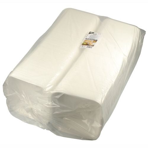 Μια μεγάλη XXL συσκευασία με 100 λευκά Starpak κουτιά για χάμπουργκερ (XPS, 11x20x20 εκ., επικαλυμμένο) συσκευασμένα σε πλαστική μεμβράνη με μια επάνω ετικέτα με πληροφορίες προϊόντος και εικόνα τροφίμων· ιδανικό για σερβίρισμα με δοχεία από διογκωμένο πολυστυρένιο.