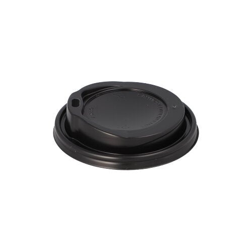 Το Starpak 100 Dom-Deckel, PS "To Go" στρογγυλό από Starpak είναι ένα μαύρο καπάκι ποτηριού καφέ με μικρό άνοιγμα και υπερυψωμένο χείλος, ιδανικό για ζεστά ποτά εν κινήσει. Είναι σχεδιασμένο για ποτήρια μιας χρήσης και απεικονίζεται σε λευκό φόντο.