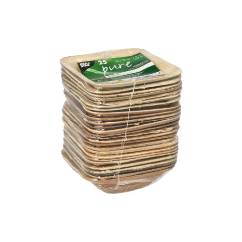 Ένα πακέτο 25 στρογγυλών PAPSTAR μπολ από φύλλα φοίνικα «pure» από την PAPSTAR GmbH, φιλικά προς το περιβάλλον και ιδανικά για βιώσιμες εκδηλώσεις, συσκευασμένα σε διαφανές φύλλο με πράσινη-λευκή ετικέτα.