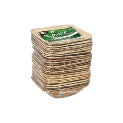 Ένα πακέτο 25 στρογγυλών PAPSTAR μπολ από φύλλα φοίνικα «pure» από την PAPSTAR GmbH, φιλικά προς το περιβάλλον και ιδανικά για βιώσιμες εκδηλώσεις, συσκευασμένα σε διαφανές φύλλο με πράσινη-λευκή ετικέτα.