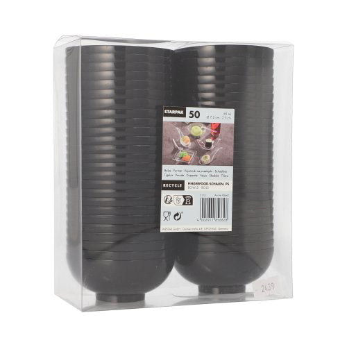 Η διαφανής συσκευασία περιέχει 50 μαύρους PAPSTAR δίσκους fingerfood PS της PAPSTAR GmbH, στοιβαγμένους σε δύο σειρές με ετικέτα μπροστά και σύμβολα ανακύκλωσης - ιδανικοί για πάρτι και εκδηλώσεις.