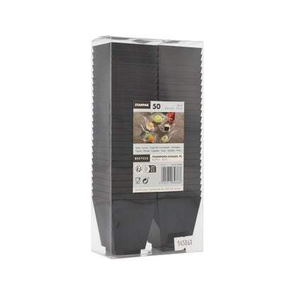 Οι PAPSTAR 50 δίσκοι fingerfood, PS μαύροι της PAPSTAR GmbH παραδίδονται στοιβαγμένοι σε διαφανή συσκευασία από φελιζόλ με ετικέτα μπροστά με πληροφορίες προϊόντος και εικόνες φυτών - τέλειοι για την κηπουρική ή τη στυλάτη χρήση σε πάρτι και εκδηλώσεις.