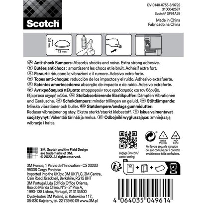 Η ετικέτα για τα Scotch® απορροφητικά κραδασμών ελαστικά μαξιλαράκια, αυτοκόλλητα, διαφανή από την 3M Deutschland GmbH περιλαμβάνει οδηγίες χρήσης, περιγραφές σε πολλές γλώσσες, προειδοποιήσεις ασφαλείας, γραμμωτό κώδικα, πληροφορίες ανακύκλωσης και δεδομένα κατασκευής σε μαύρο σε λευκό.