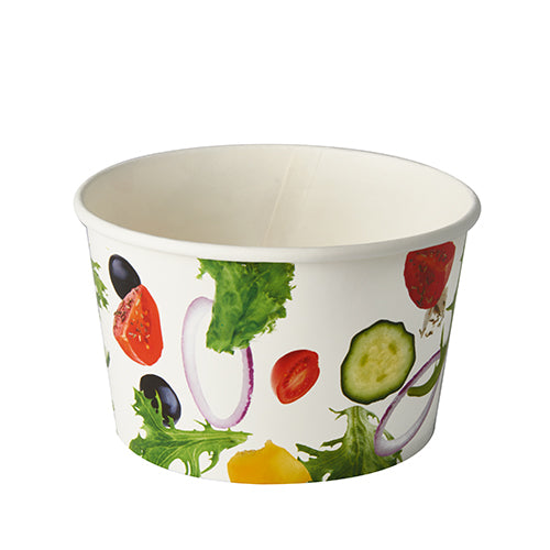 Τα Starpak 50 μπολ σαλάτας από χαρτόνι "To Go" (600 ml, Ø 12,5 cm x 7,5 cm) είναι τυπωμένα εξωτερικά με πολύχρωμα μοτίβα λαχανικών. Αυτό το σετ περιλαμβάνει 50 ανθεκτικά μπολ από χαρτόνι, ιδανικά για σαλάτες εν κινήσει. Το μπολ απεικονίζεται άδειο σε λευκό φόντο.
