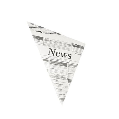 Μια τριγωνική PAPSTAR 1000 σακουλάκια της PAPSTAR Η GmbH παρουσιάζει μια ασπρόμαυρη εκτύπωση εφημερίδας με τη λέξη «News» στο πάνω μέρος. Αυτό το υποκατάστατο περγαμηνής, ανθεκτικό στο λίπος, είναι ιδανικό ως συσκευασία για πατάτες τηγανητές στον τομέα της εστίασης, όλα πάνω σε ένα απλό λευκό φόντο.