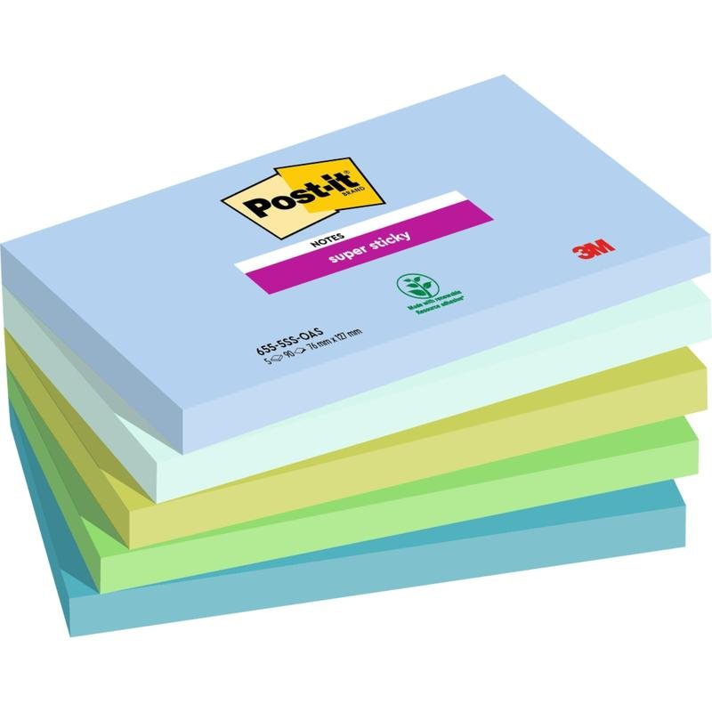Μια στοίβα από έξι Post-it® Super Sticky Notes, 76 mm x 127 mm, 90 φύλλα ανά μπλοκ, από την 3M Deutschland GmbH, κατασκευασμένα από 100% πιστοποιημένο χαρτί PEFC σε παστέλ χρώματα όπως μπλε, πράσινο και κίτρινο.