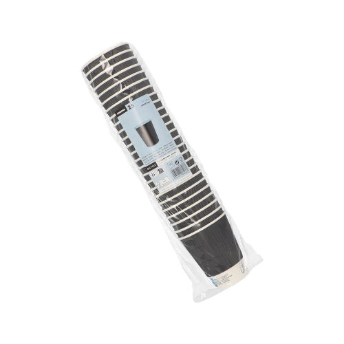 Eine versiegelte Plastikpackung mit 25 Starpak-Trinkbechern „To Go“ Ripple Wall-Einwegbechern aus schwarzem Papier mit weißem Rand zeigt auf der Vorderseite Produktinformationen und ein Bild der Becher.