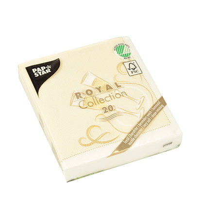 Ένα πακέτο με 20 PAPSTAR πετσέτες "ROYAL Collection" 1/4-Falz, κρεμ, 25x25 cm, πιστοποιημένες από FSC με χρυσό σχέδιο στη συσκευασία, από την PAPSTAR GmbH.