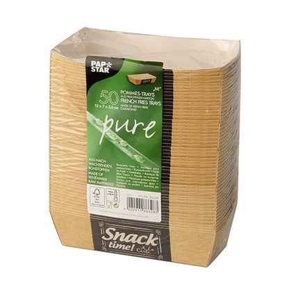 Μια στοίβα από 50 PAPSTAR "pure" δίσκους τηγανητών πατατών (3,5 x 7 cm) της PAPSTAR GmbH, με την ένδειξη "Good Food", από ανανεώσιμες πρώτες ύλες, βιοδιασπώμενοι, φιλικοί προς το περιβάλλον - ιδανικοί για το σερβίρισμα τηγανητών πατατών.