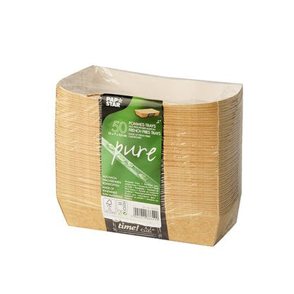 Μια στοίβα 50 PAPSTAR μπολ «pure» Good Food για τηγανητές πατάτες (3,5 x 7 cm) της PAPSTAR GmbH είναι τυλιγμένη σε πλαστικό και φέρει ετικέτα με τη μάρκα, λεπτομέρειες προϊόντος, διαστάσεις και περιβαλλοντικά σύμβολα.