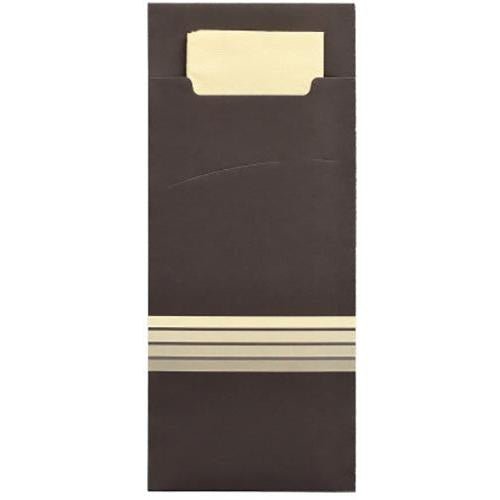 Οι PAPSTAR 520 θήκες μαχαιροπήρουνων (20x8,5 cm) της PAPSTAR GmbH αποτελούνται από ένα σκούρο καφέ περίβλημα με μπεζ ρίγες και μια αντίστοιχη χαρτοπετσέτα (33x33 cm, 2-στρώσεων), κατασκευασμένες από υψηλής ποιότητας υλικά – ιδανικές ως στυλάτες θήκες μαχαιροπήρουνων ή ενσωματωμένες χαρτοπετσέτες.