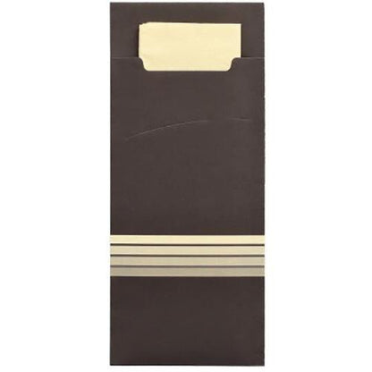 Οι PAPSTAR 520 θήκες μαχαιροπήρουνων (20x8,5 cm) της PAPSTAR GmbH αποτελούνται από ένα σκούρο καφέ περίβλημα με μπεζ ρίγες και μια αντίστοιχη χαρτοπετσέτα (33x33 cm, 2-στρώσεων), κατασκευασμένες από υψηλής ποιότητας υλικά – ιδανικές ως στυλάτες θήκες μαχαιροπήρουνων ή ενσωματωμένες χαρτοπετσέτες.