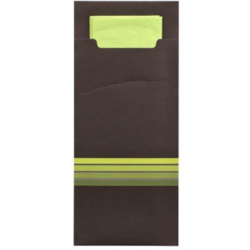 Μια PAPSTAR GmbH 520 θήκη μαχαιροπήρουνων (20 x 8,5 cm) με τρεις κιτρινοπράσινες ρίγες στο κάτω μέρος, στην οποία υπάρχει μια αντίστοιχη διπλωμένη ανοιχτοπράσινη 2-στρώσεων χαρτοπετσέτα στο μέγεθος 33 x 33 cm, που είναι εν μέρει ορατή από το ανοιχτό πάνω μέρος.