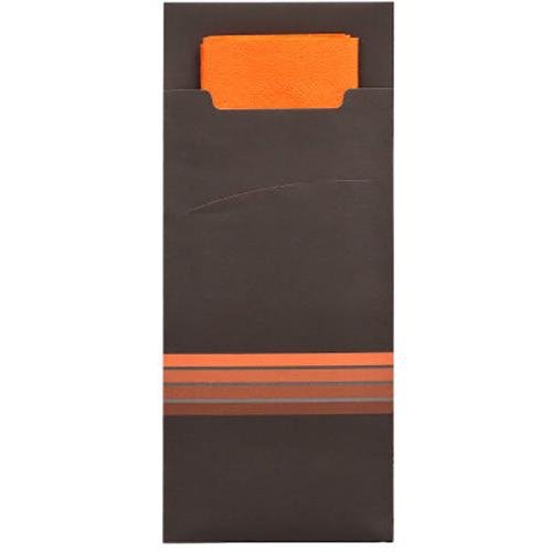 Οι PAPSTAR 520 θήκες μαχαιροπήρουνων (20 x 8,5 cm) της PAPSTAR GmbH είναι ένα καφέ χάρτινο περίβλημα με τρεις πορτοκαλί ρίγες, που λειτουργεί ως κομψή θήκη μαχαιροπήρουνων και περιλαμβάνει μια αντίστοιχη, εν μέρει ορατή πορτοκαλί χαρτοπετσέτα (33 x 33 cm, 2-στρώσεων).
