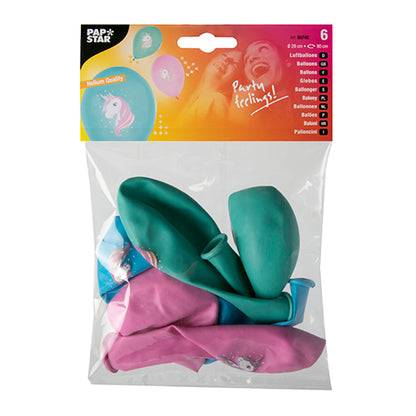 Μια διαφανής συσκευασία από πλαστικό με έξι πολύχρωμα μπαλόνια (διάμετρος 29 εκ.) της PAPSTAR GmbH με σχέδιο μονόκερου. Η ετικέτα στο πάνω μέρος δείχνει το „PAPSTAR“ καθώς και εικόνες μπαλονιών και χαμογελαστών ανθρώπων. Διατίθεται σε μπλε, πράσινο και ροζ.