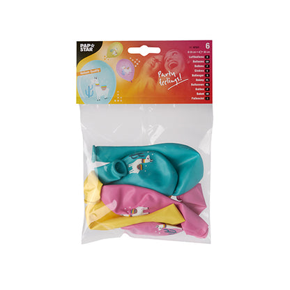 Μια συσκευασία με έξι διαφανή μπαλόνια της PAPSTAR GmbH (29 εκ.) σε κίτρινο, ροζ και μπλε-πράσινο, το καθένα με σχέδιο λάμα. Η ετικέτα στο πάνω μέρος είναι κόκκινο-πορτοκαλί και φέρει την επιγραφή „PAPSTAR“ και „Party Feeling!“. Προϊόν: PAPSTAR 6 πολύχρωμα μπαλόνια.