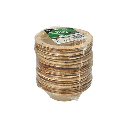 25 στρογγυλές πιατέλες από φύλλα φοινικιάς της μάρκας PAPSTAR GmbH, σειρά "pure", σε φιλική προς το περιβάλλον διαφανή συσκευασία με πράσινη-λευκή ετικέτα – ιδανικές για βιώσιμες εκδηλώσεις.