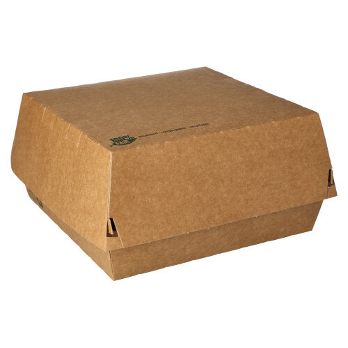 Die PAPSTAR Burgerboxen aus brauner Pappe (9x18,5x18,5 cm), "100% Fair", 25 Stück - praktisch und umweltfreundlich von PAPSTAR GmbH - stehen mit Klappdeckel auf weißem Hintergrund, ideal für Takeout.