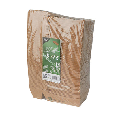 Μια στοίβα PAPSTAR 80 δίσκων πατάτες τηγανητές "pure" (2-κομμάτια, καφέ, 100% Fair) της PAPSTAR GmbH, συσκευασμένη σε διάφανη μεμβράνη με ετικέτα στο μπροστινό μέρος με πληροφορίες προϊόντος και σύμβολα περιβάλλοντος.