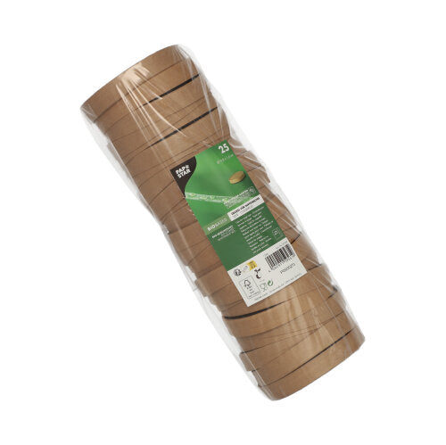 Ein in Klarsichtfolie verpackter Stapel mit 25 runden Suppenbecherdeckeln aus Karton der PAPSTAR GmbH, mit grün-weißer Beschriftung auf der Verpackung.