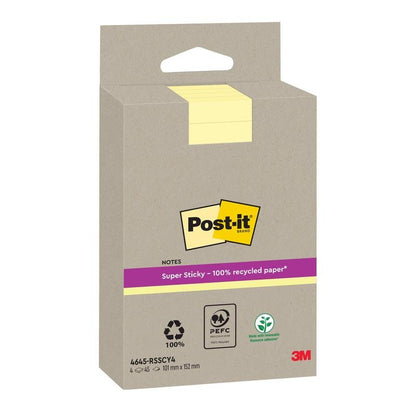 Μια κίτρινη συσκευασία Post-it® Super Sticky 100% Ανακυκλώσιμες Σημειώσεις (102 mm x 152 mm, γραμμωτό, 45 φύλλα/μπλοκ, 4 μπλοκ/συσκευασία) της 3M Deutschland GmbH απεικονίζεται με το λογότυπο Post-it και περιβαλλοντικές πιστοποιήσεις όπως το PEFC.