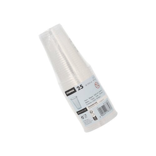 Μια στοίβα από 25 ποτήρια Starpak (0,2l, PP, Ø 7,03cm · 9,9cm) σε διαφανή πλαστική συσκευασία με ετικέτα και πληροφορίες ανακύκλωσης, απεικονίζεται σε λευκό φόντο – ιδανικό για το δρόμο.