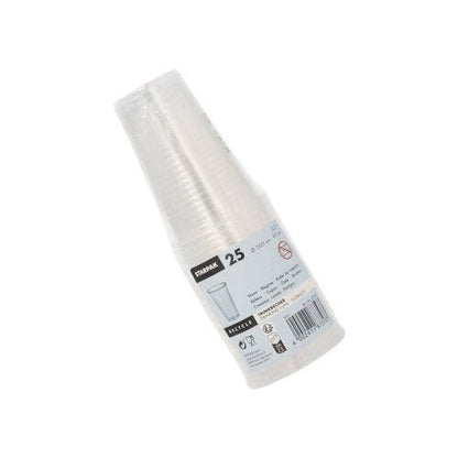 Μια στοίβα από 25 ποτήρια Starpak (0,2l, PP, Ø 7,03cm · 9,9cm) σε διαφανή πλαστική συσκευασία με ετικέτα και πληροφορίες ανακύκλωσης, απεικονίζεται σε λευκό φόντο – ιδανικό για το δρόμο.