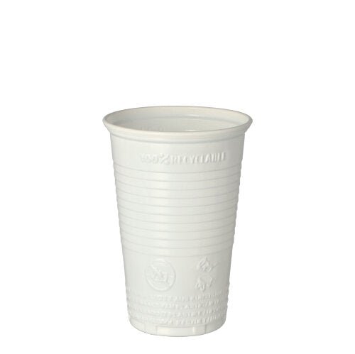 Ένα Starpak 25 ποτήρι (PP, 0,2l, Ø 7,03cm, 9,9cm ύψος) στέκεται όρθιο σε λευκό φόντο. Το απλό λευκό ποτήρι έχει οριζόντιες αυλακώσεις και ανάγλυφα σύμβολα κειμένου/ανακύκλωσης – ιδανικό για το δρόμο.