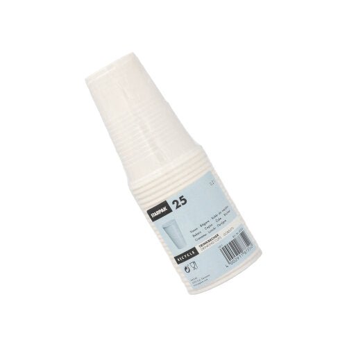 Μια συσκευασία με 25 ποτήρια Starpak (PP, 0,2 l, Ø 7,03 cm x 9,9 cm) από διαφανές πλαστικό με μπλε-λευκή ετικέτα και γραμμωτό κώδικα, ιδανική για το δρόμο, απεικονίζεται σε ένα απλό λευκό φόντο.