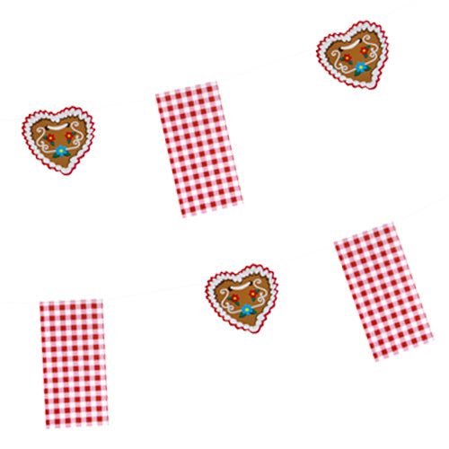 Η PAPSTAR αλυσίδα σημαιών από χαρτί "Hüttengaudi" (4 μ) της PAPSTAR GmbH είναι μια εορταστική διακόσμηση πάρτι με κόκκινες και λευκές καρό σημαίες και μοτίβα σε σχήμα καρδιάς από μελόψωμο, διακοσμημένα με λευκό και μπλε γλάσο. Το φόντο είναι μονόχρωμο λευκό.