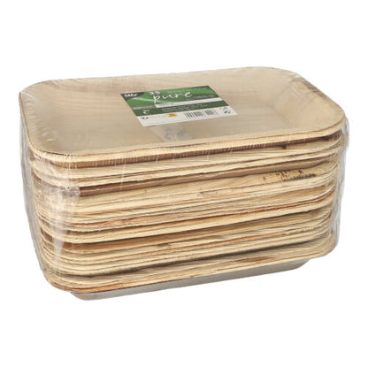 Μια στοίβα PAPSTAR 25 δισκίων, φοίνικας "pure" τετράγωνοι από την PAPSTAR GmbH, συσκευασμένα σε διαφανή μεμβράνη με πράσινη-λευκή ετικέτα· αυτές οι ορθογώνιες πλάκες είναι βιοδιασπώμενες.