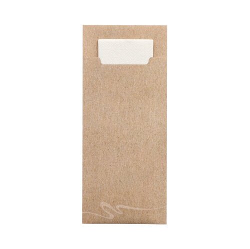 Μια καφέ PAPSTAR 520 θήκη μαχαιροπίρουνων (20x8,5 cm, 2-στρώσεων) της PAPSTAR GmbH δείχνει στο πάνω μέρος μια προεξέχουσα λευκή, διπλωμένη πετσέτα και στο κάτω μέρος ένα διακριτικό λευκό σχέδιο σε απλό λευκό υπόβαθρο.