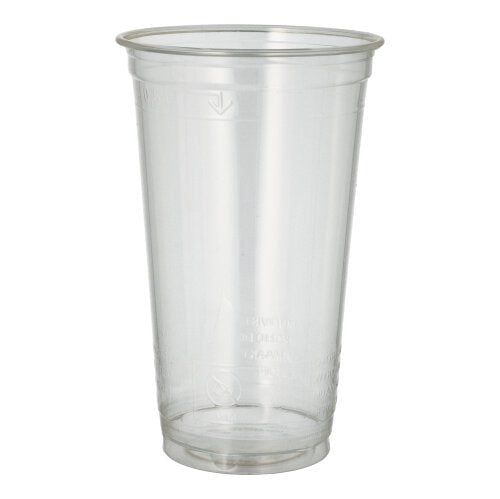 Το ποτήρι κρύου ποτού PLA "pure", διαφανές (Ø 9,5 cm, 15,14 cm) από την PAPSTAR GmbH στέκεται ως βιοδιασπώμενο ποτήρι μιας χρήσης από πλαστικό όρθιο σε ένα απλό λευκό φόντο.