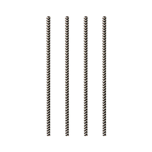 Vier PAPSTAR 100 Trinkhalme aus Papier (Ø 6 mm) der Marke PAPSTAR GmbH sind schwarz-weiß gestreift und vertikal auf einem schlichten weißen Hintergrund angeordnet.