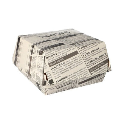 Οι PAPSTAR κουτιά για μπέργκερ "Newsprint" μεγάλο (7,8x11x11,5 cm, Pappe | Schrumpffolie, 50 Stück) της PAPSTAR GmbH είναι κλειστά δοχεία τροφίμων με μαυρόασπρο μοτίβο εφημερίδας σε μονόχρωμο λευκό φόντο.