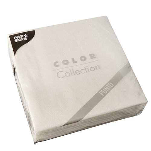 Eine versiegelte Packung mit 30 weißen 2-lagigen Servietten „PUNTO“ (38x38 cm, 1/4 Falz) der PAPSTAR GmbH mit dezentem Punktemuster – ideal für die elegante Tischdekoration.